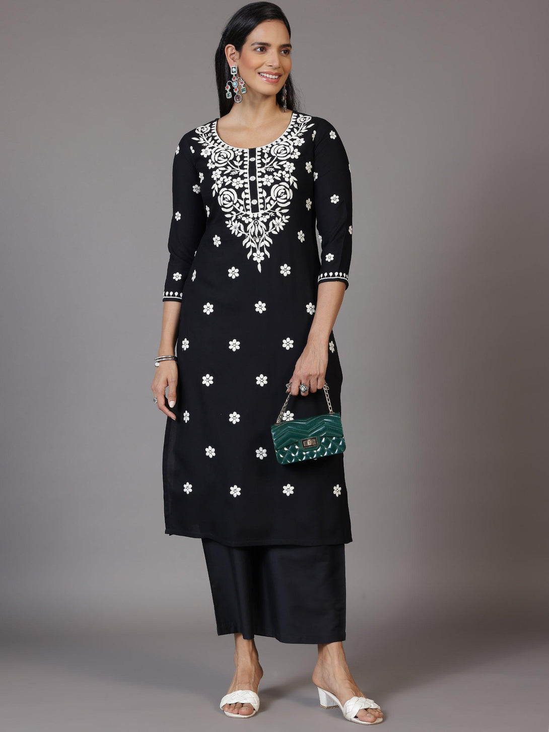 Black Embroidered Rayon Straight Kurta - Jashvi