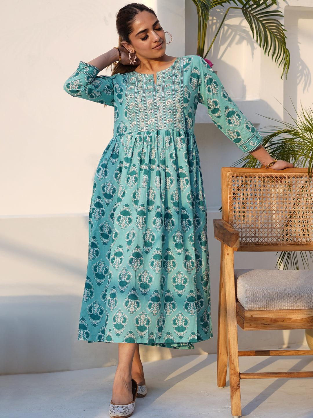 Sea Green Printed Cotton Fit and Flare Dress - Jashvi