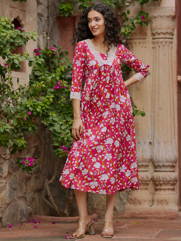 Pink Printed Cotton A-Line Dress