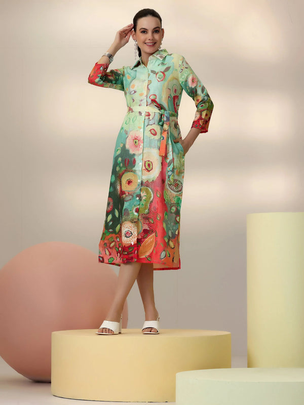 Sea Green Printed Linen Shirt Dress With Belt