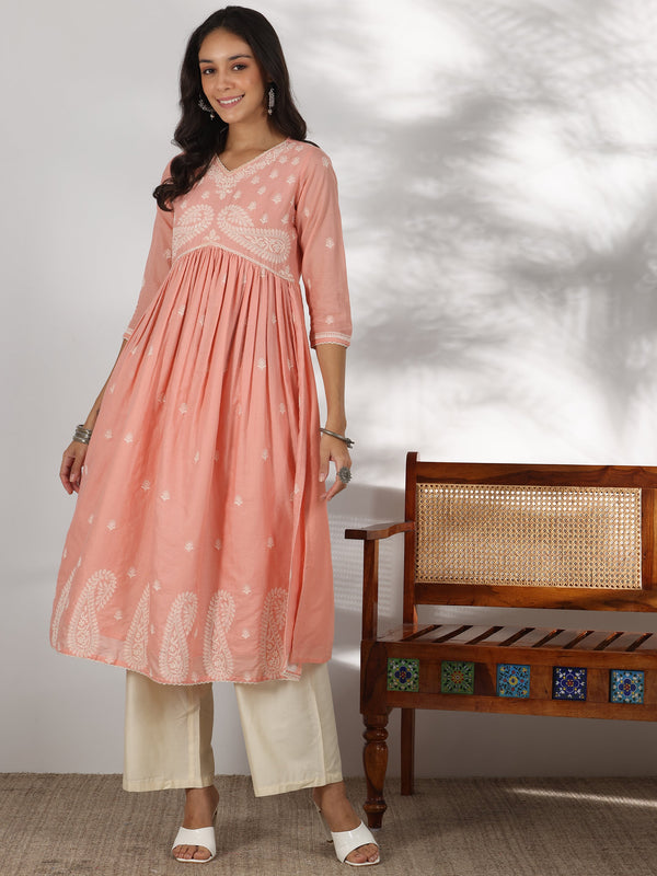 Peach Embroidered Cotton A-Line Kurta