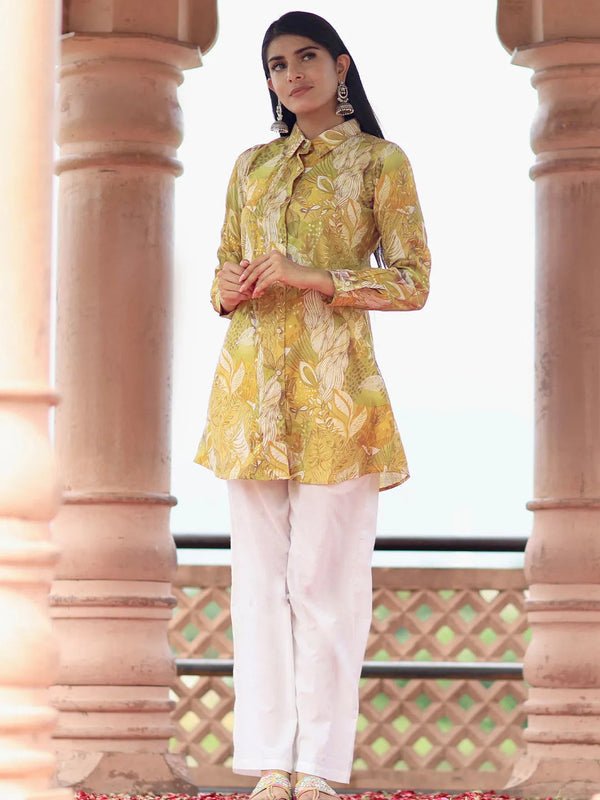 Mustard Printed Silk Blend Straight Kurti