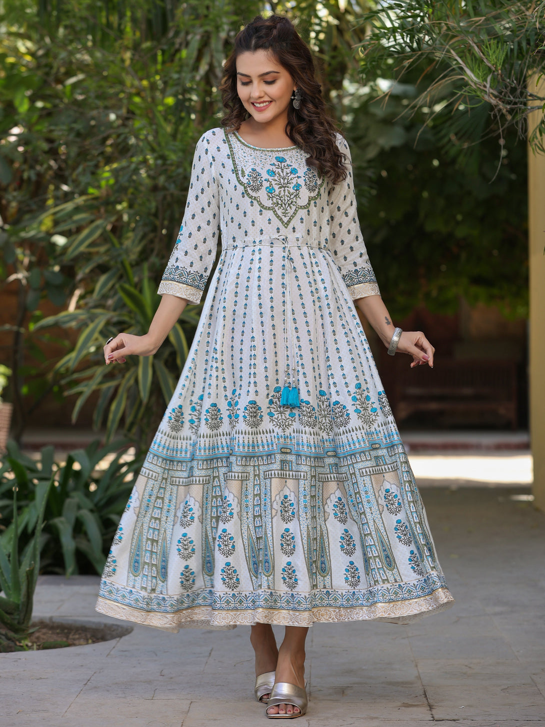 Women's Blue Shantoon Printed Anarkali Maxi Dress. - Juniper