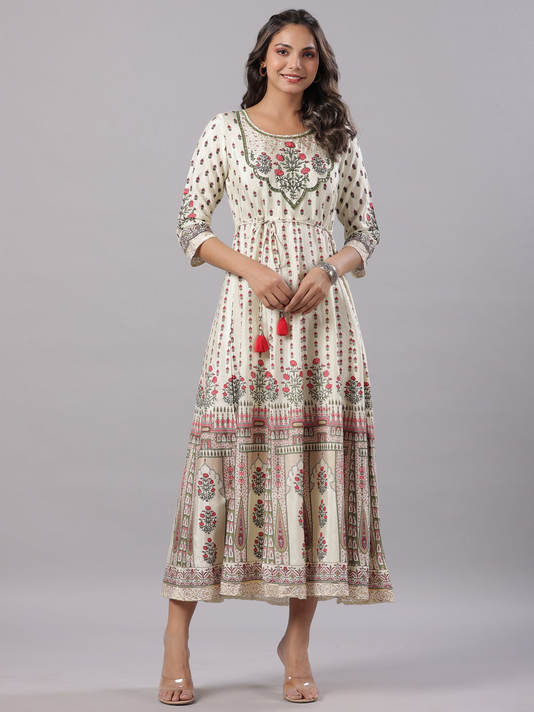 Women's Yellow Shantoon Printed Anarkali Maxi Dress. - Juniper