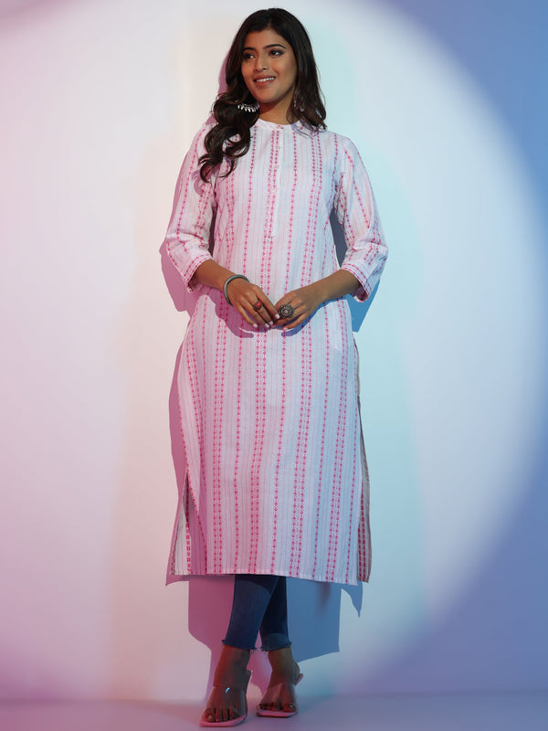 White Woven Design Cotton Straight Kurta