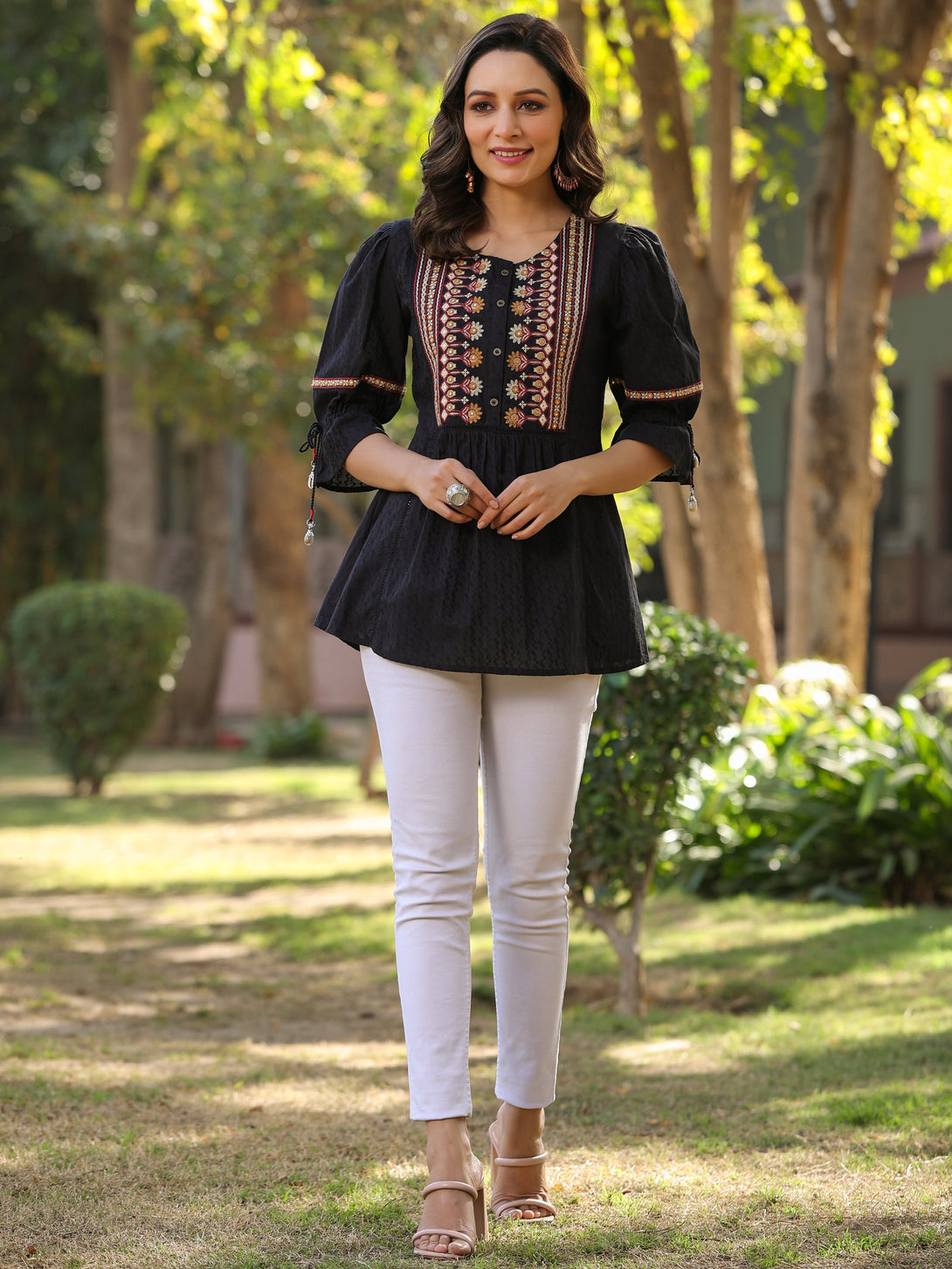 Women's Black Cotton Solid With Embroidered Straight Tunic - Juniper