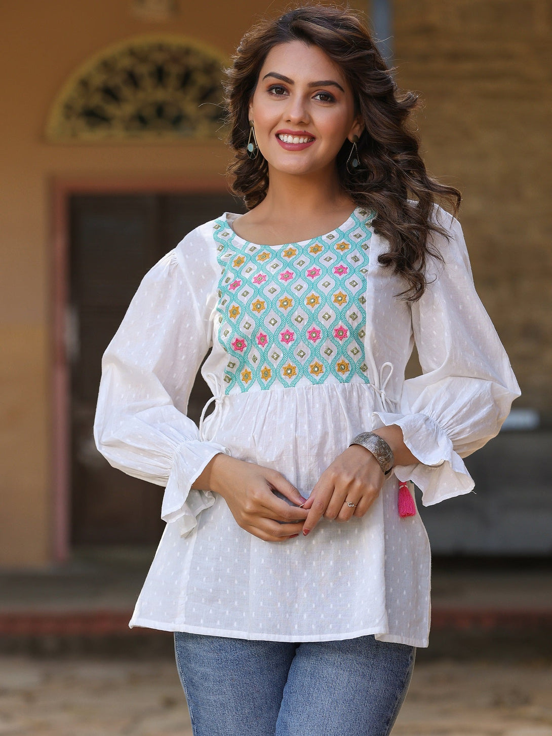 Women's White Cotton Dobby Solid With Multi Color Embroidered Tunic - Juniper