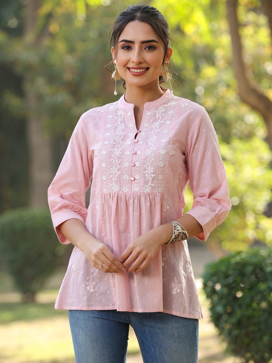 Women's Pink Cotton Solid With Embroidered Straight Tunic - Juniper