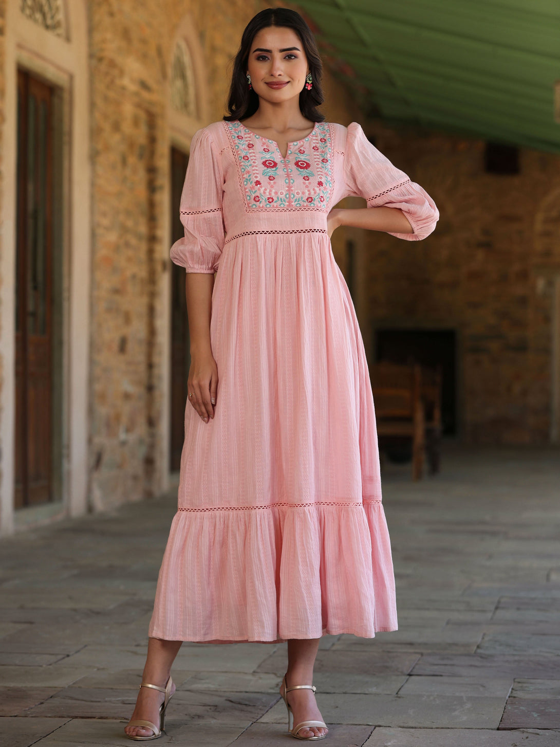 Women's Pink Cotton Dobby Embroidered Flared Dress - Juniper