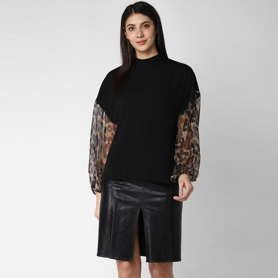 Women's Black Top With Animal Print Sleeve -Stylestone