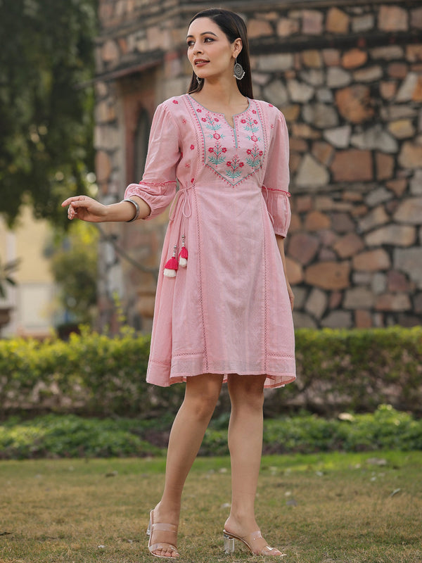 Jashvi Pink Floral Printed Cotton Dobby Flared Short Dress With Thread Embroidery