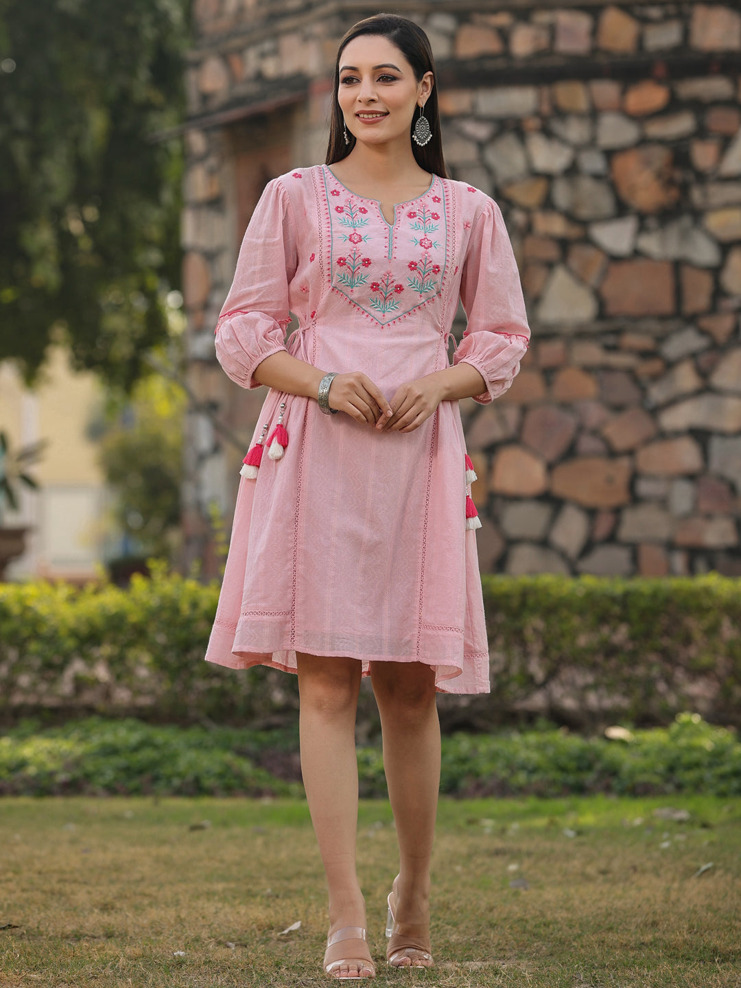 Women's Pink Cotton Dobby Embroidered Flared Dress - Juniper