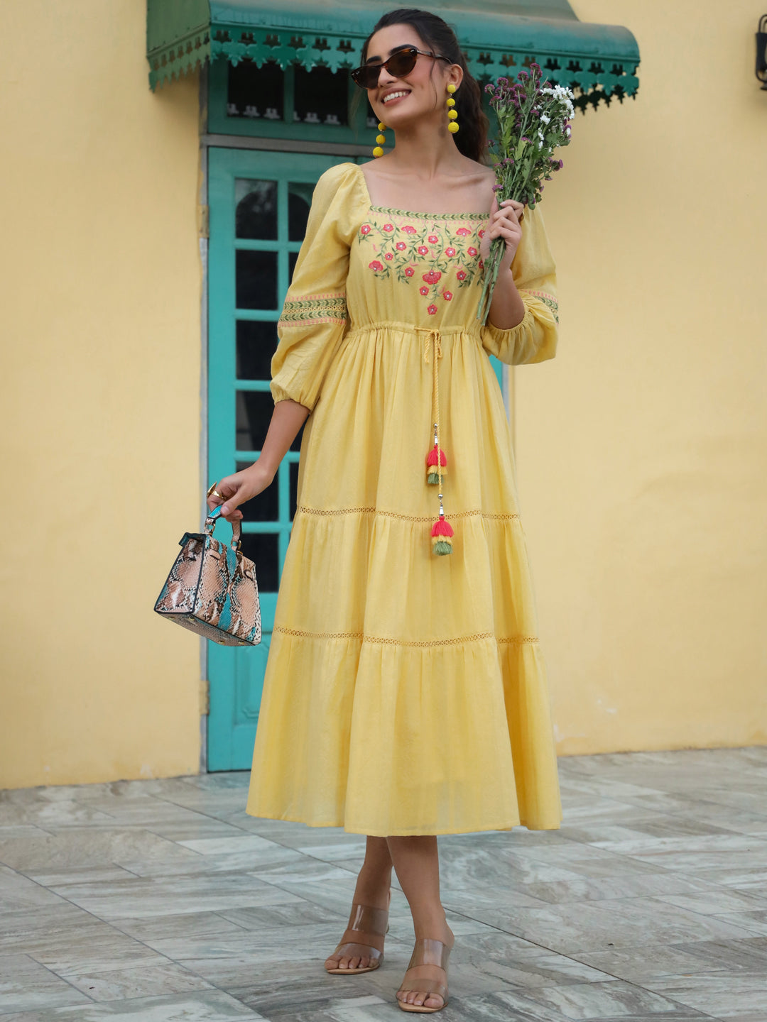 Women's Yellow Cotton Dobby Embroidered Flared Dress - Juniper