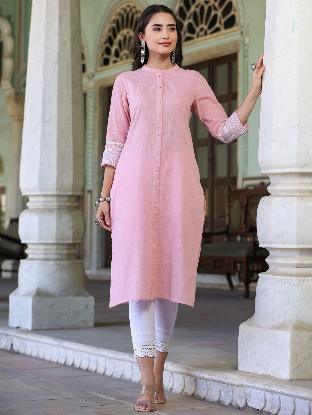 Women's Pink Cotton Slub  Embroidered Straight Kurta  - Juniper