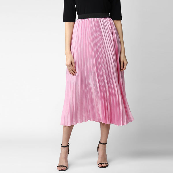 Women's Pink Satin Pleated Skirt - StyleStone