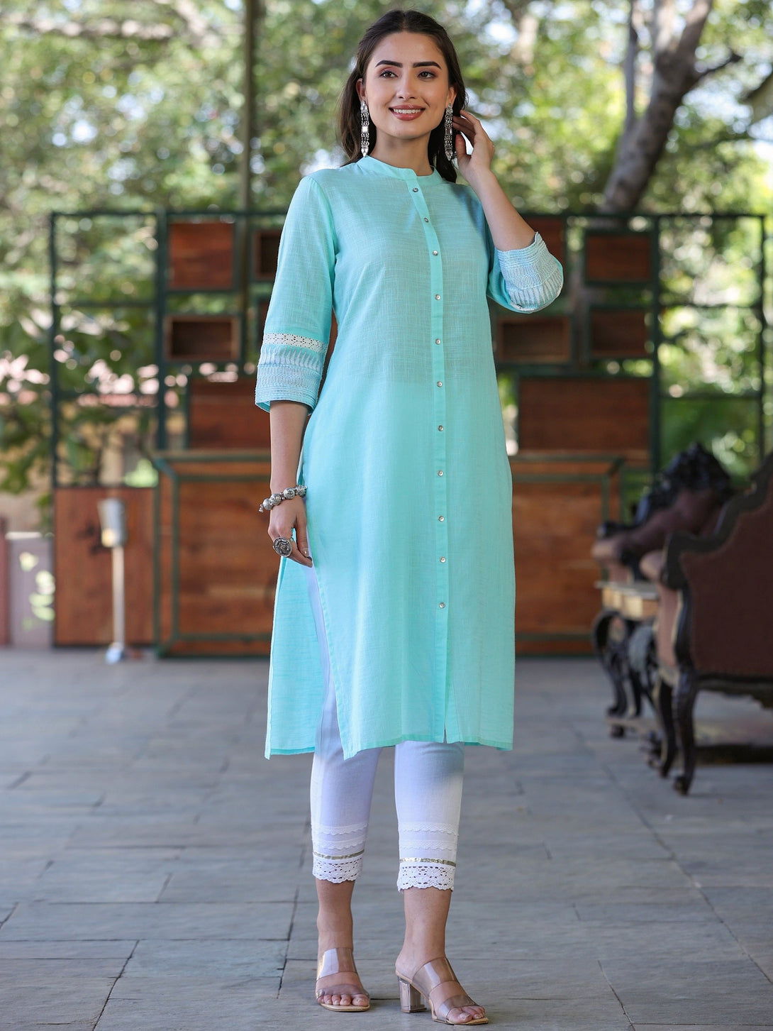 Women's Seagreen Cotton Slub  Embroidered Straight Kurta  - Juniper