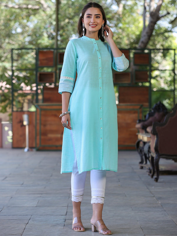 Jashvi Sea Green Solid Cotton Slub Kurta With Buttons