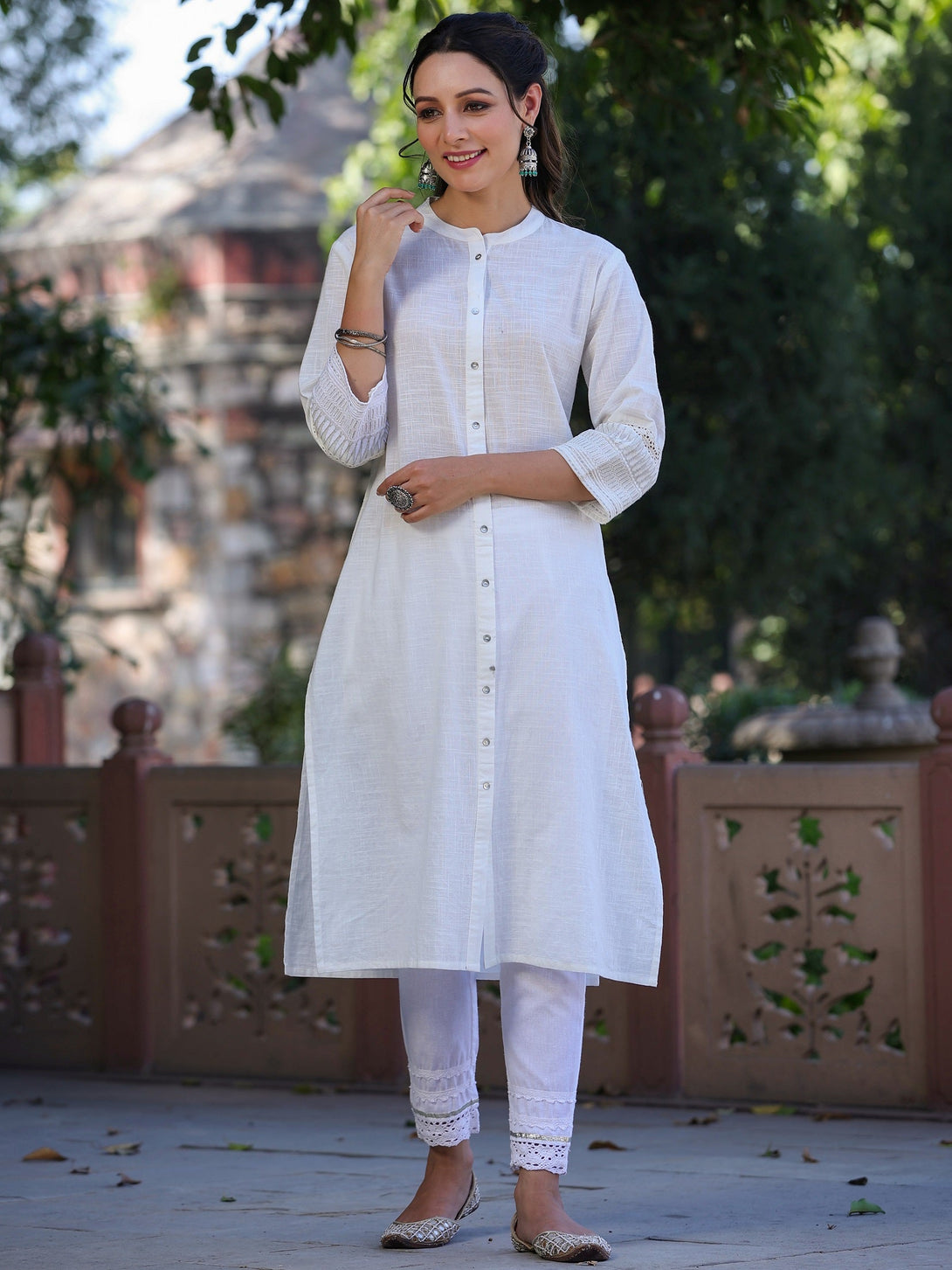 Women's White Cotton Slub  Embroidered Straight Kurta  - Juniper