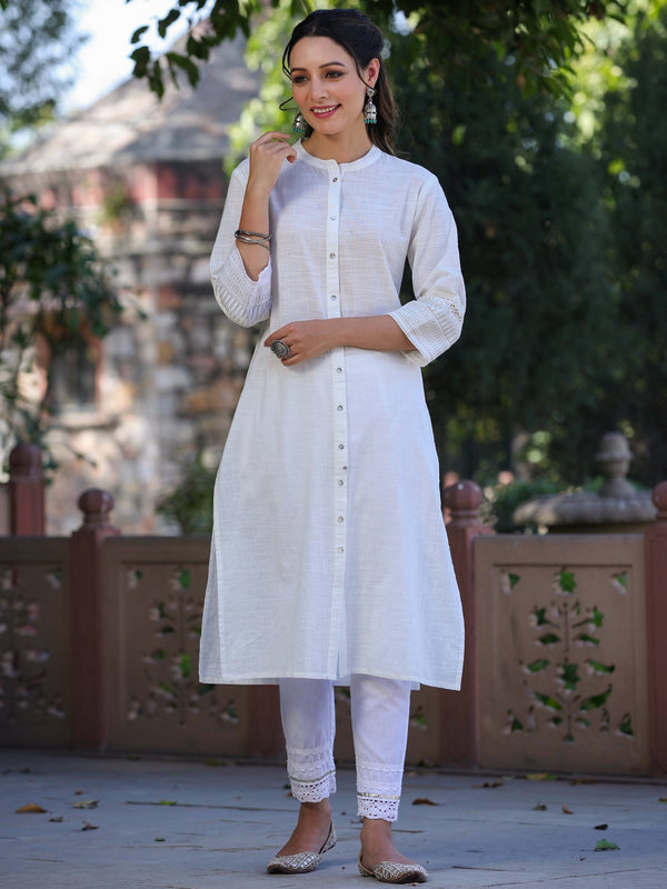 Jashvi White Ethnic Motif Printed Cotton Slub Straight Kurta With Lace & Zari Work