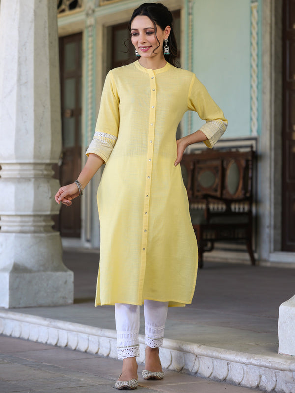 Jashvi Yellow Ethnic Motif Printed Cotton Slub Straight Kurta With Lace & Zari Work