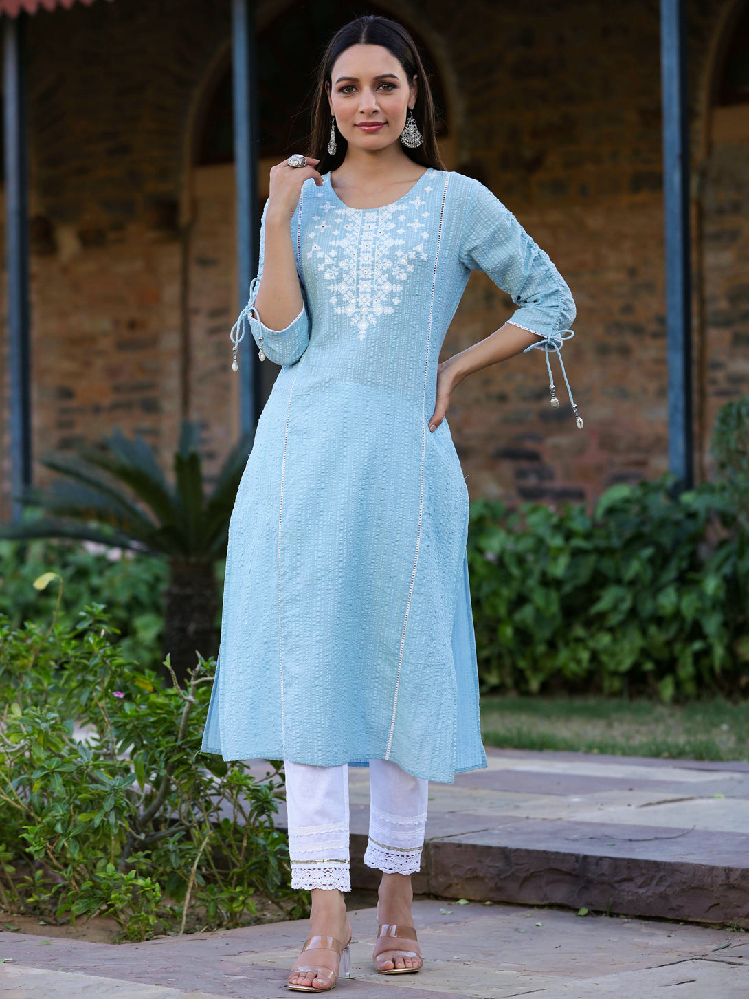 Women's Blue Sheer Sucker Embroidered Straight Kurta - Juniper