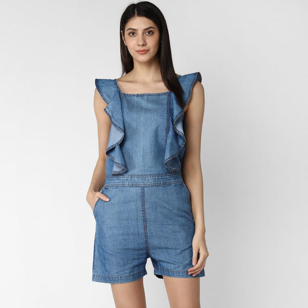 Women's Denim Ruffle Style Playsuit - StyleStone