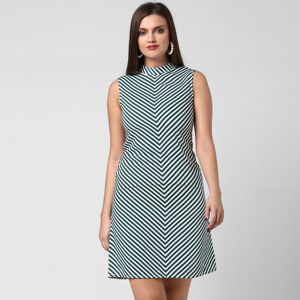 Women's Polyester Green Stripe Dress - StyleStone