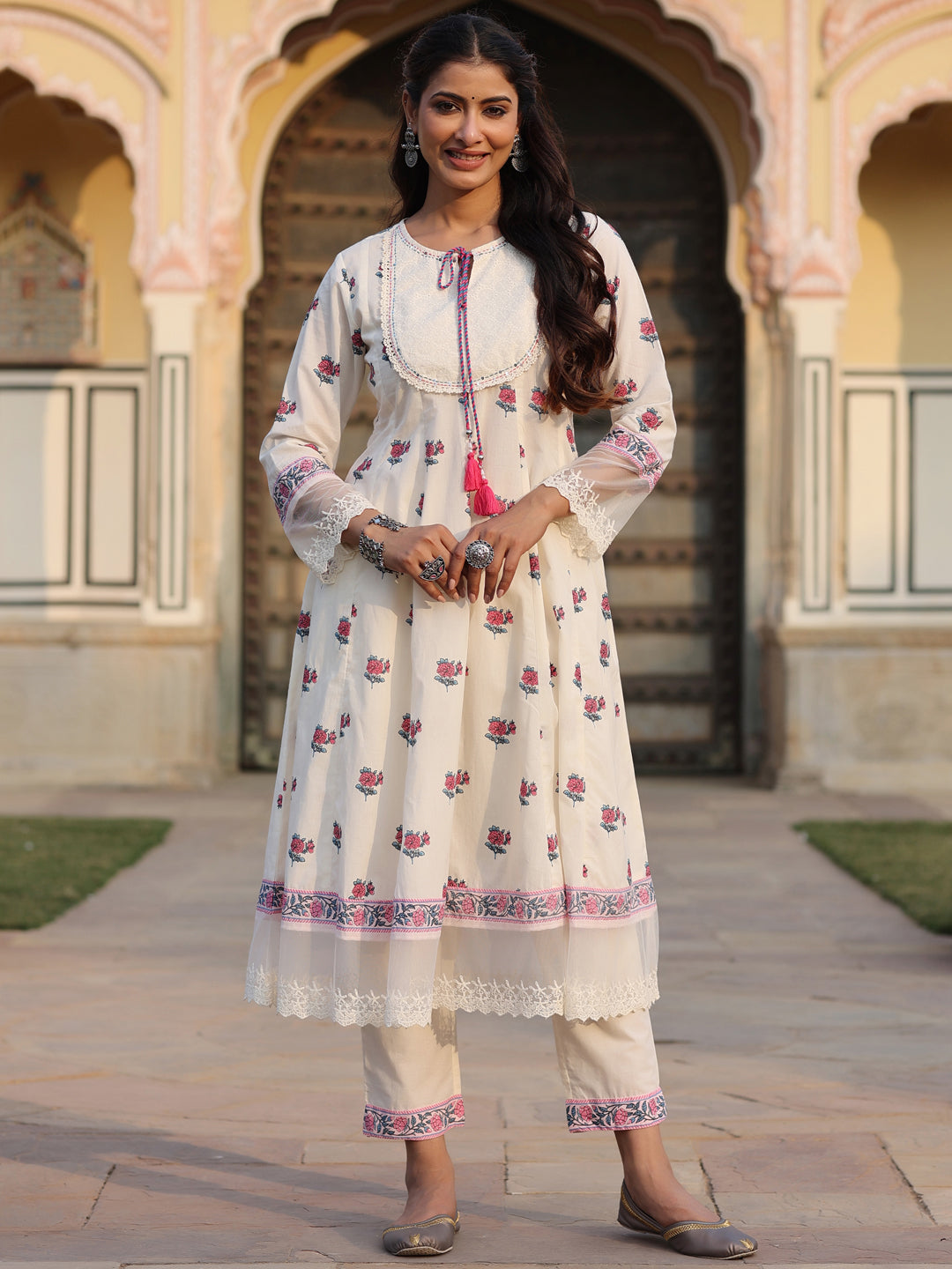 Women's Off-White Cotton Cambric Printed Kalidar Kurta & Pants Set. - Juniper