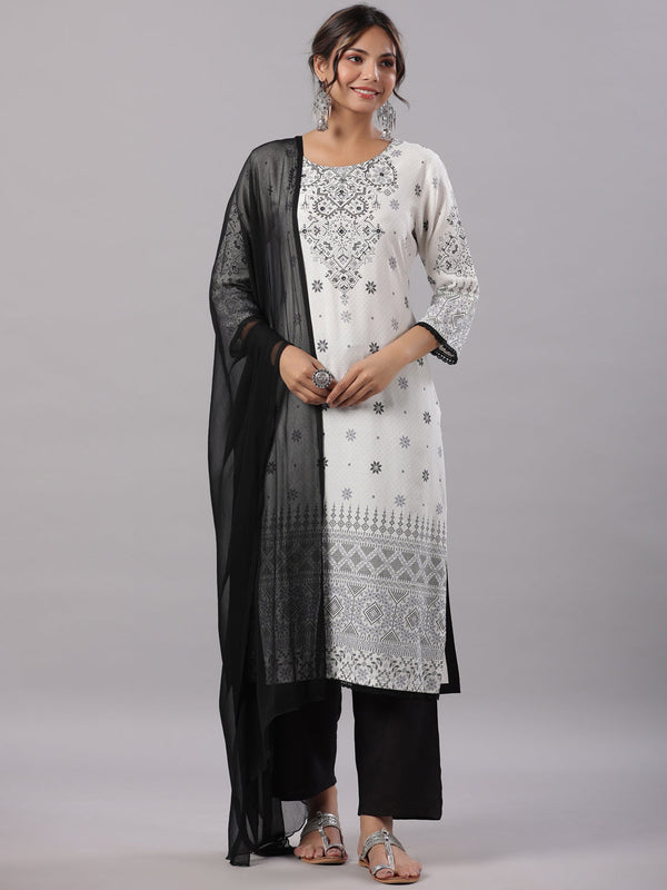 Jashvi Women White Rayon Printed Kurta, Pants & Dupatta Set