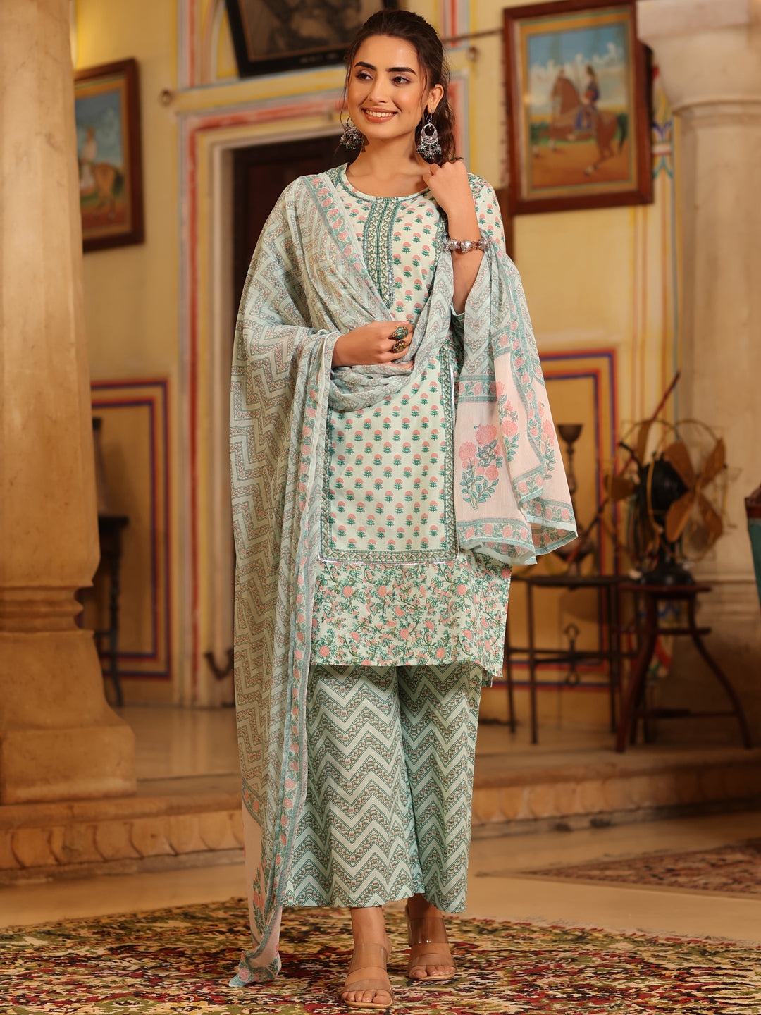 Women's Seagreen Cambric Floral Printed Kurta Palazzo Set  - Juniper