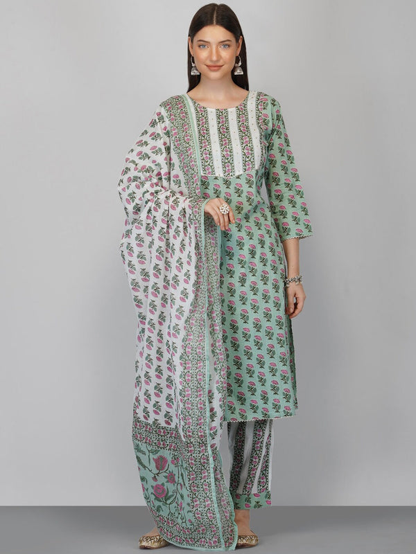 Women's Green Ethnic Motifs Printed Pure Cotton Kurta With Palazzos & With Dupatta - Noz2Toz