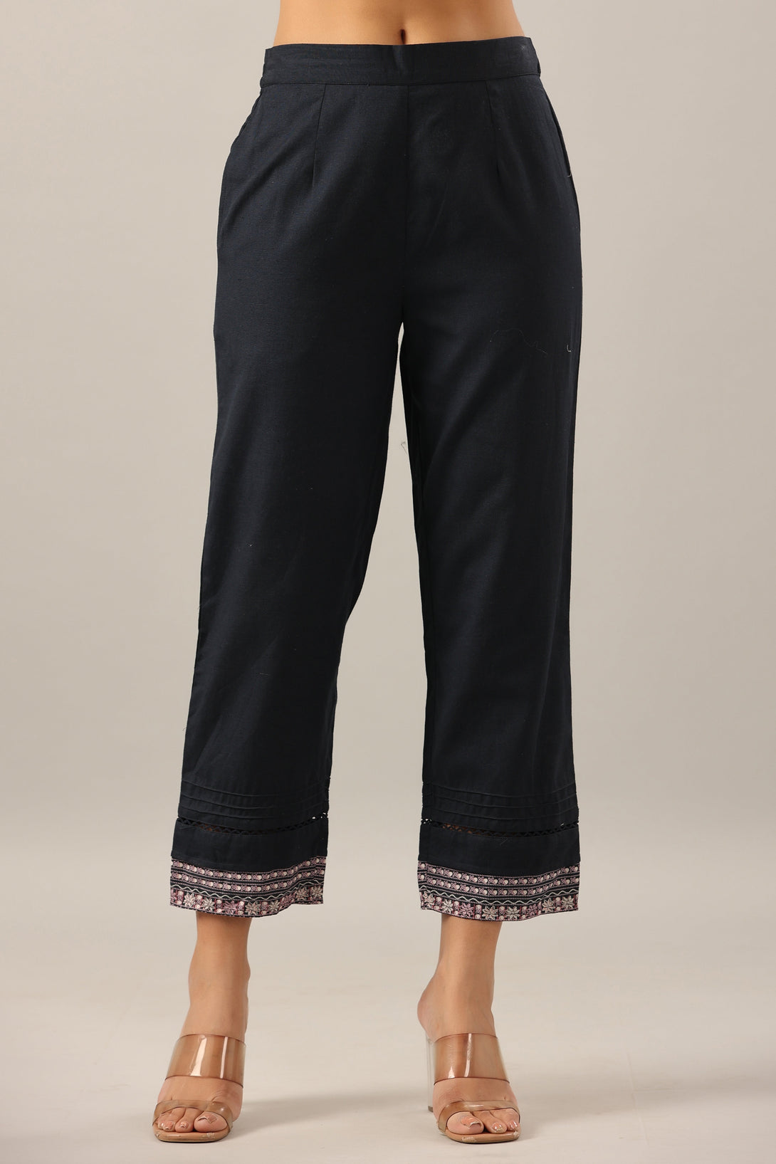 Women's Navy Blue Cotton Flex Solid Pant. - Juniper