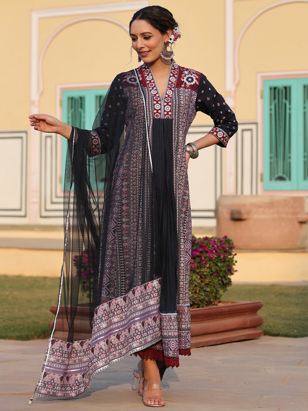 Women's Lavender Cotton Cambric Tribal Printed With Embroidered Flared Kurta & Dupatta Set. - Juniper