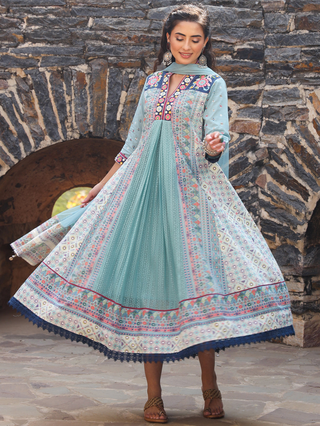 Women's Sky-Blue Cotton Cambric Tribal Printed With Embroidered Flared Kurta & Dupatta Set. - Juniper