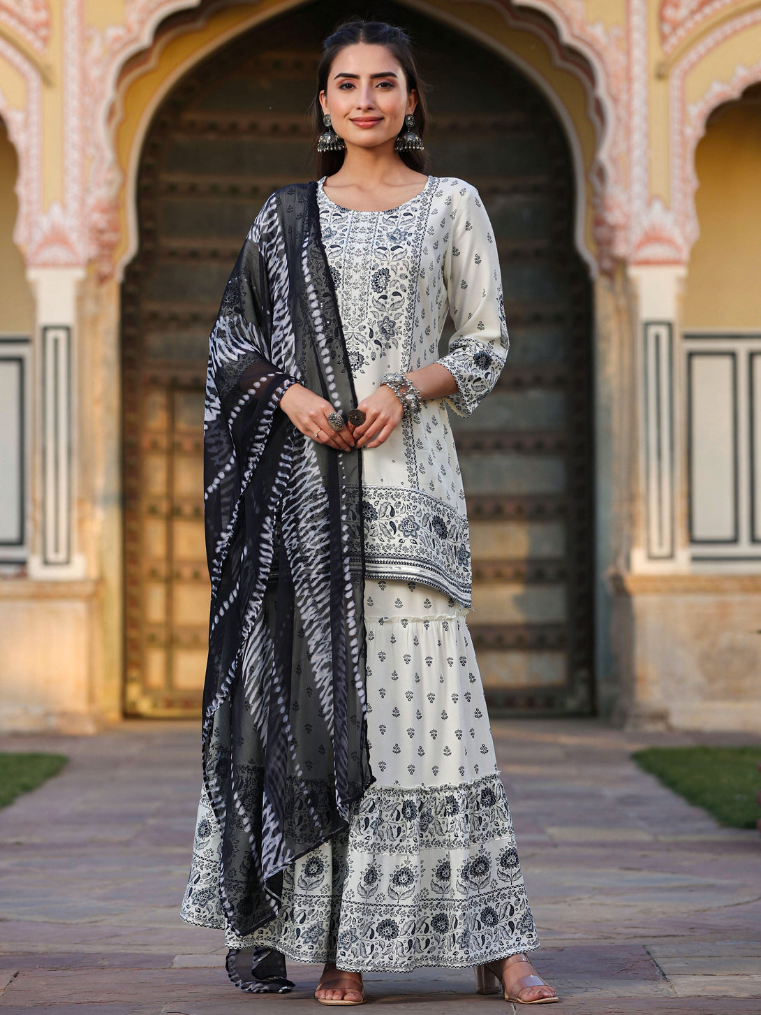 Women's Off White Rayon Floral Placement Kurta With Sharara And Dupatta Set - Juniper