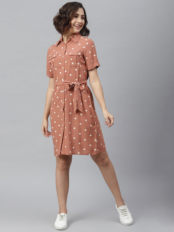 Women's Brown Polka Shirt dress with belt - StyleStone