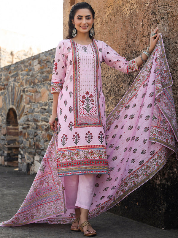 Jashvi Lilac Ethnic Motif Printed Pure Cotton Kurta, Pants & Kota Doria Dupatta Set With beads & Sequins