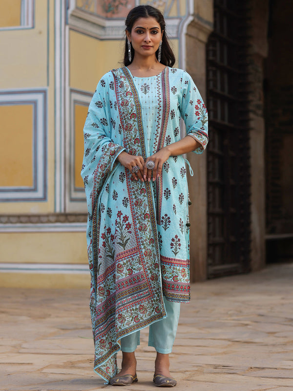 Jashvi Sky Blue Ethnic Motif Printed Pure Cotton Kurta, Pants & Kota Doria Dupatta Set With beads & Sequins