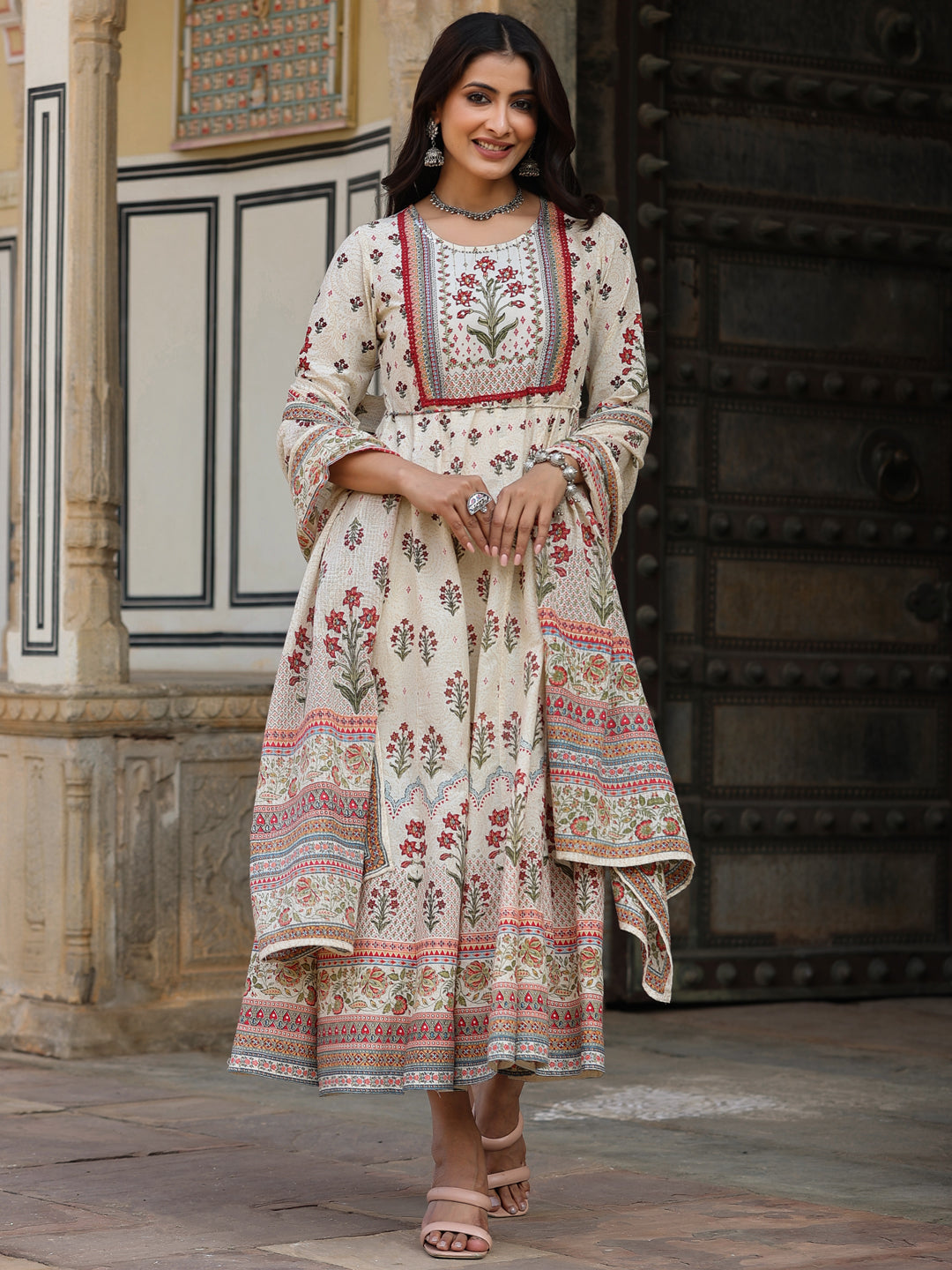 Women's Beige Cotton Cambric Hand Block Look Printed Anarkali Kurta & Dupatta Set. - Juniper