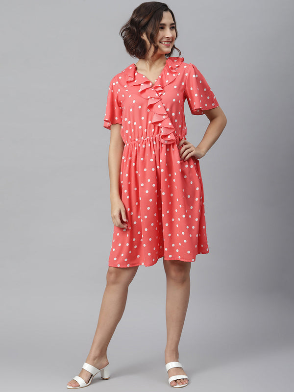 Women's Coral Polka Dress with Ruffle - StyleStone