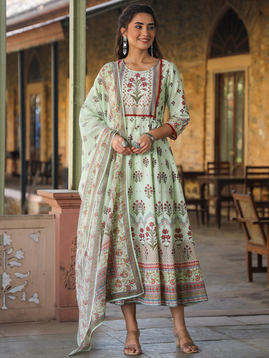 Women's Lime Cotton Cambric Hand Block Look Printed Anarkali Kurta & Dupatta Set. - Juniper