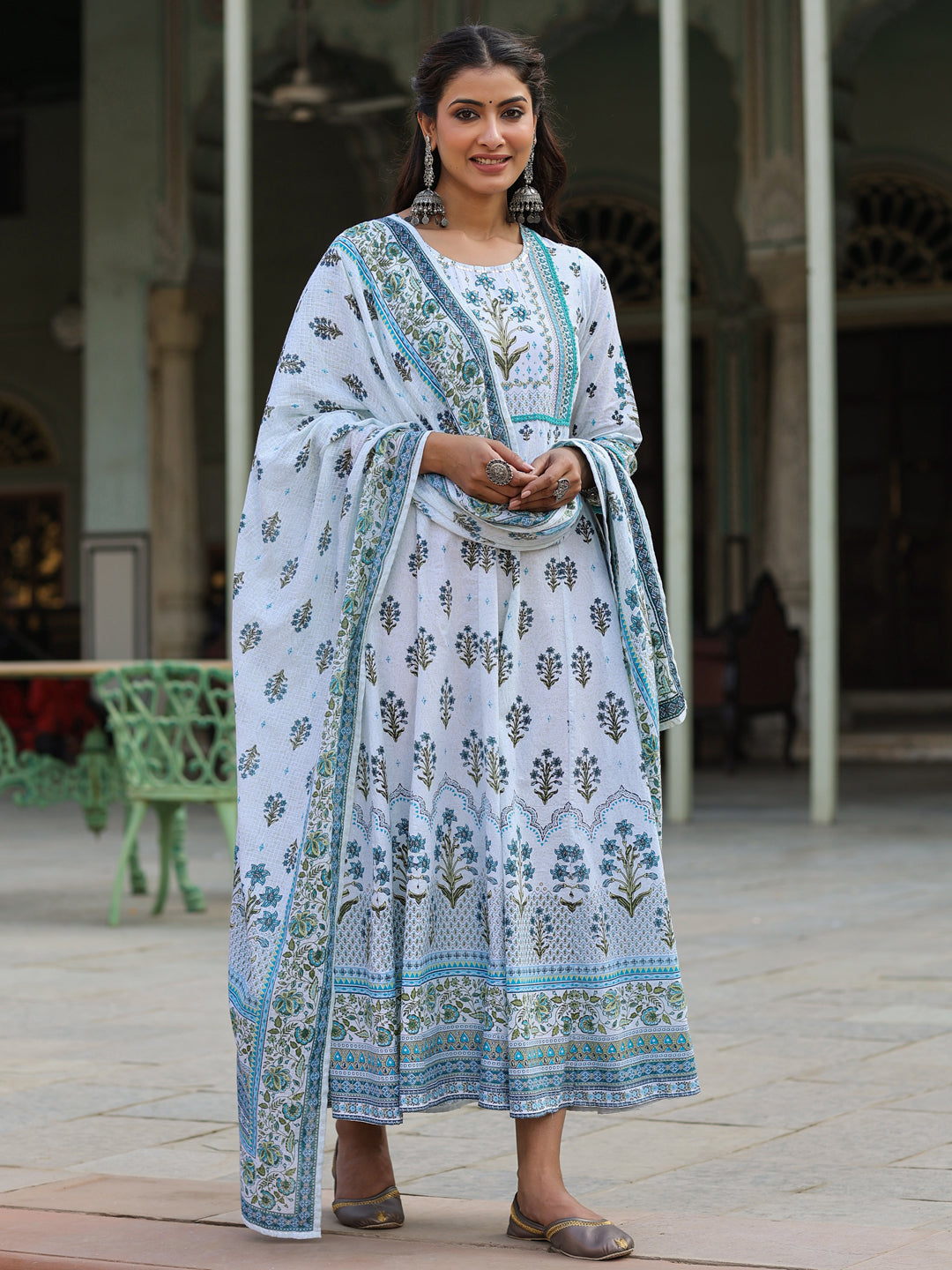 Women's Skyblue Cambric Floral Placement Kurta Dupatta Sets - Juniper