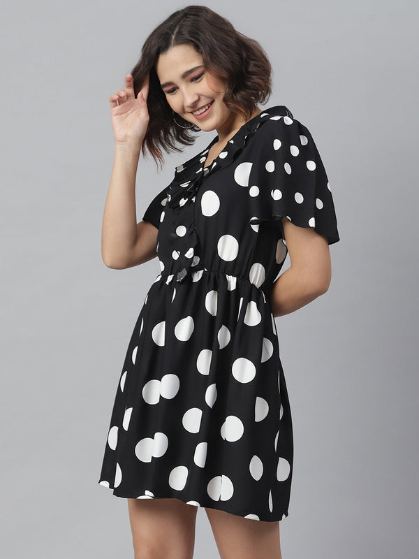 Women's Black Polka Dress with Ruffle - StyleStone