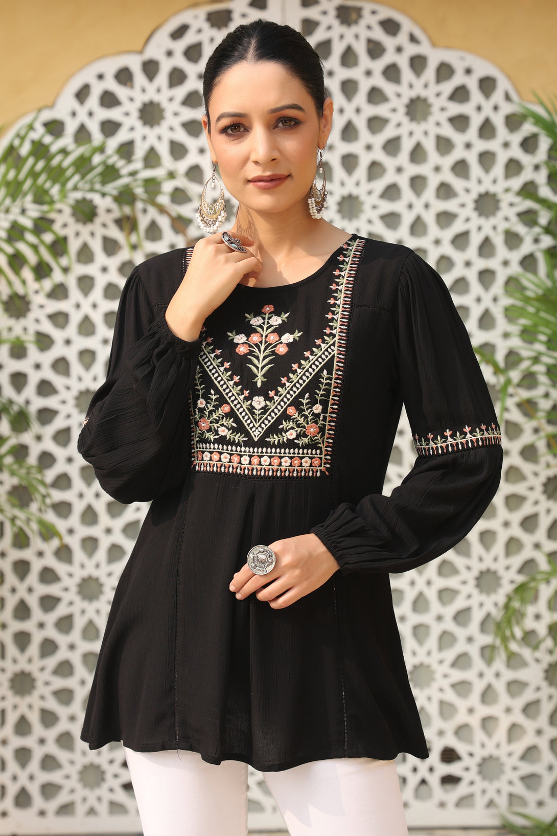 Women's Black Rayon Crepe Solid With Embroidery Straight Tunic - Juniper