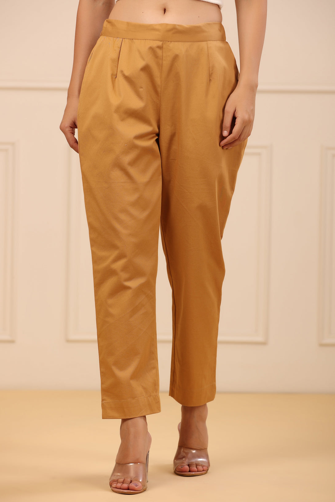 Women's Gold Cotton Twill Lycra Solid Straight Pant - Juniper