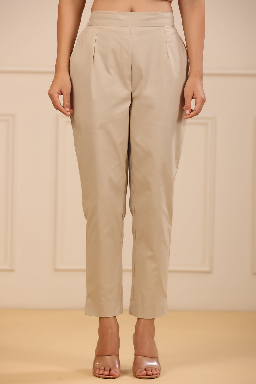 Women's Beige Cotton Spendex Solid Straight Pant - Juniper