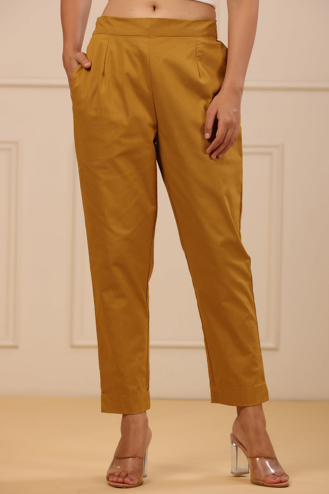 Women's Mustard Cotton Spendex Solid Straight Pant - Juniper