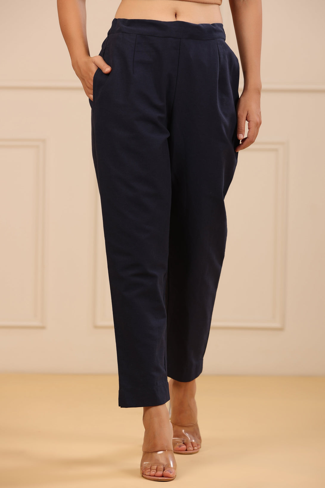 Women's Navy Cotton Twill  Solid Straight Pant/Slim Pant - Juniper