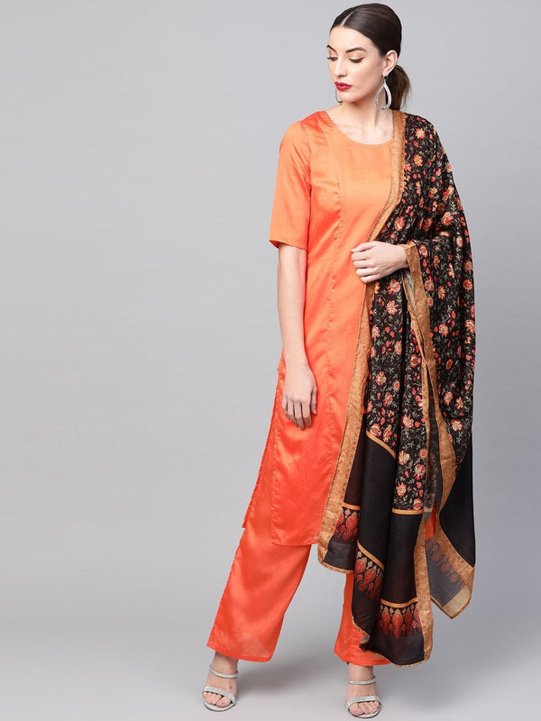 Women's  Orange Solid Straight Kurta with Palazzos & Dupatta - AKS