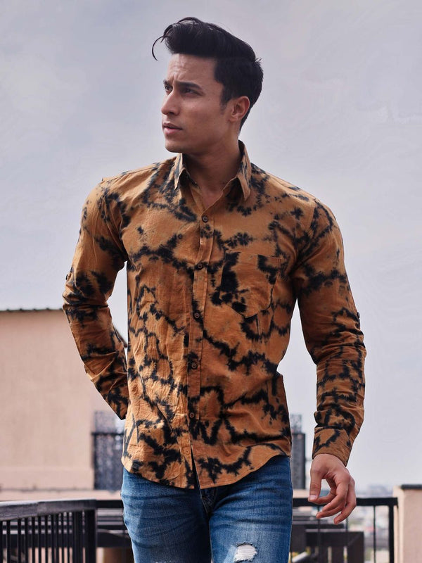 Men's Black & Brown Tie Dye Cotton Shirt - Hatheli